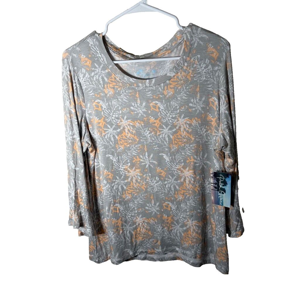 Palm Grove T-Shirt Women's Petite Large Gray Palm Tree 3/4 Sleeve Top Shirt